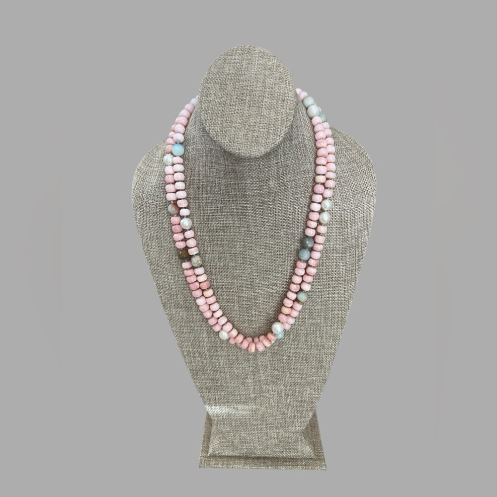 The Audrey Necklace: Pink Opals handknotted on silk AAA Pearls & Amazonite OOAK